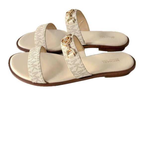 SOLD Michael Kors Wm Sz 8 SlipOn Flat Sandal Ivory Tan Logo Leather Gold Logo - Picture 12 of 14